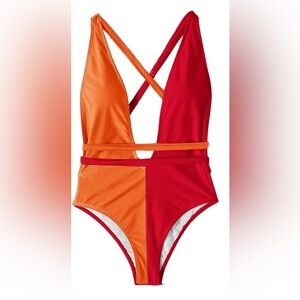 Sexy Basic Criss Cross Tie Knot Front Deep V Open Back One Piece Swimwear